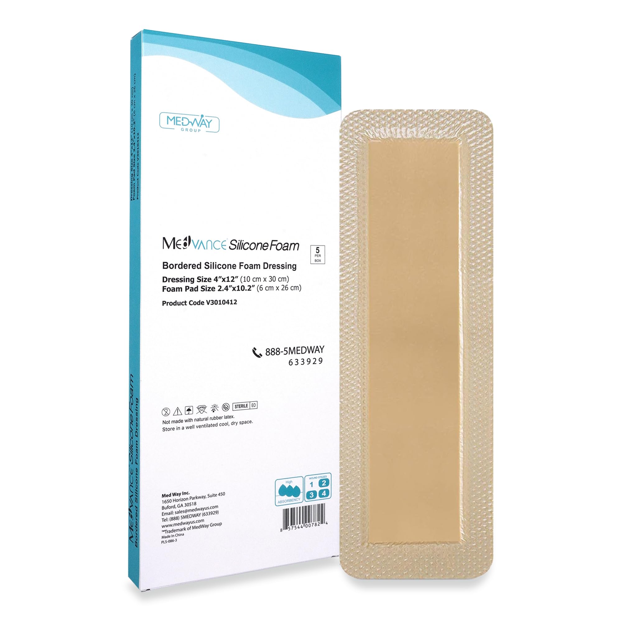 MedVance bordered silicone dressing 4x12 in in a box of five for gentle removal