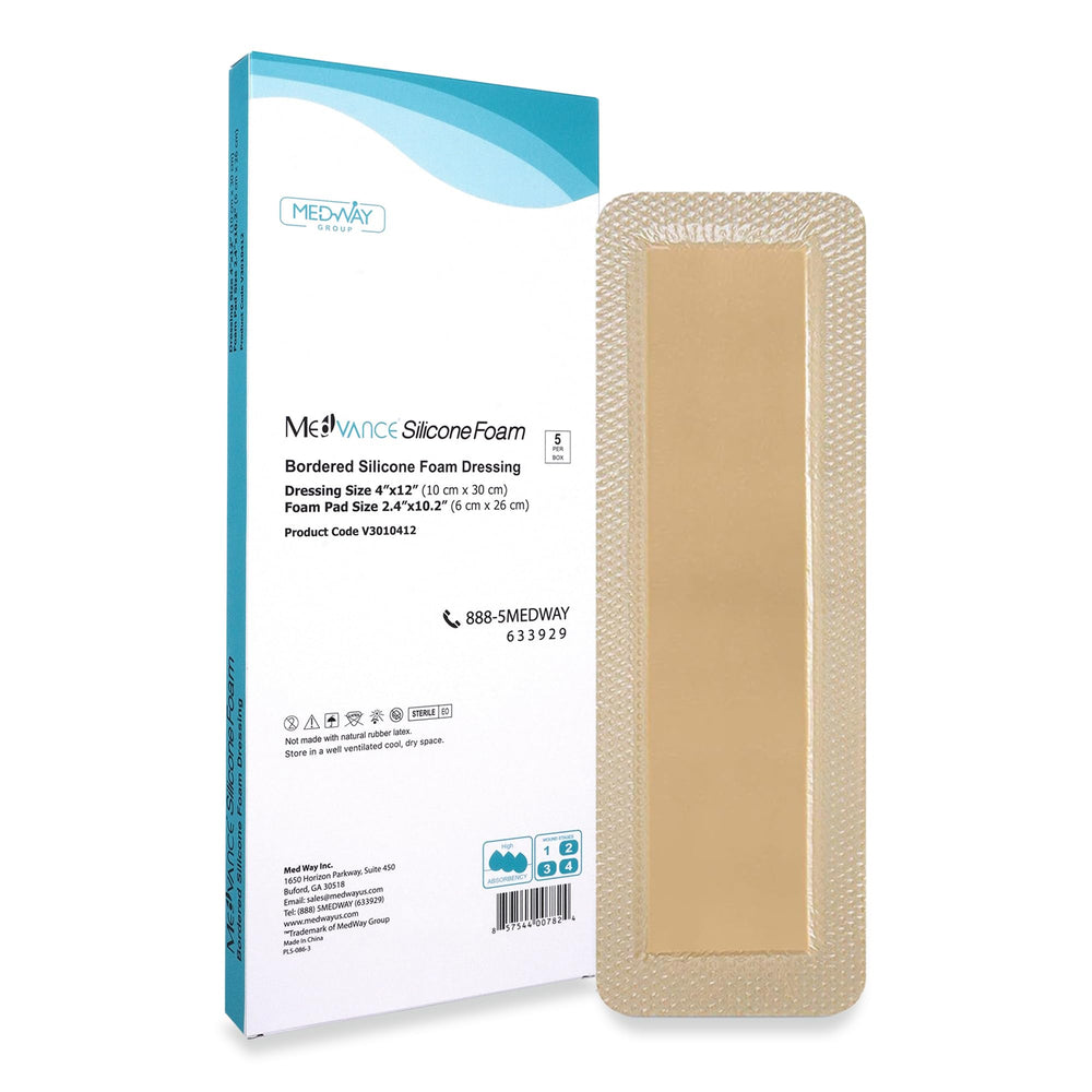 MedVance bordered silicone dressing 4x12 in in a box of five for gentle removal
