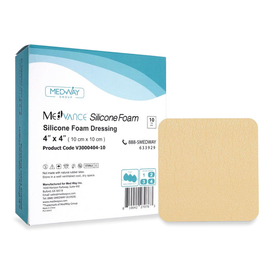 MedVance ultra-absorbent silicone foam dressing in a 4x4 bandage providing breathable wound protection