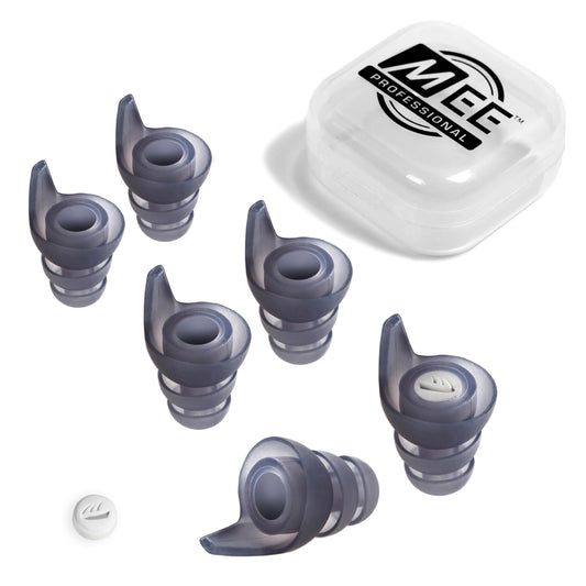 MEE audio earplugs with 15 dB filters, soft silicone for all-day wear.