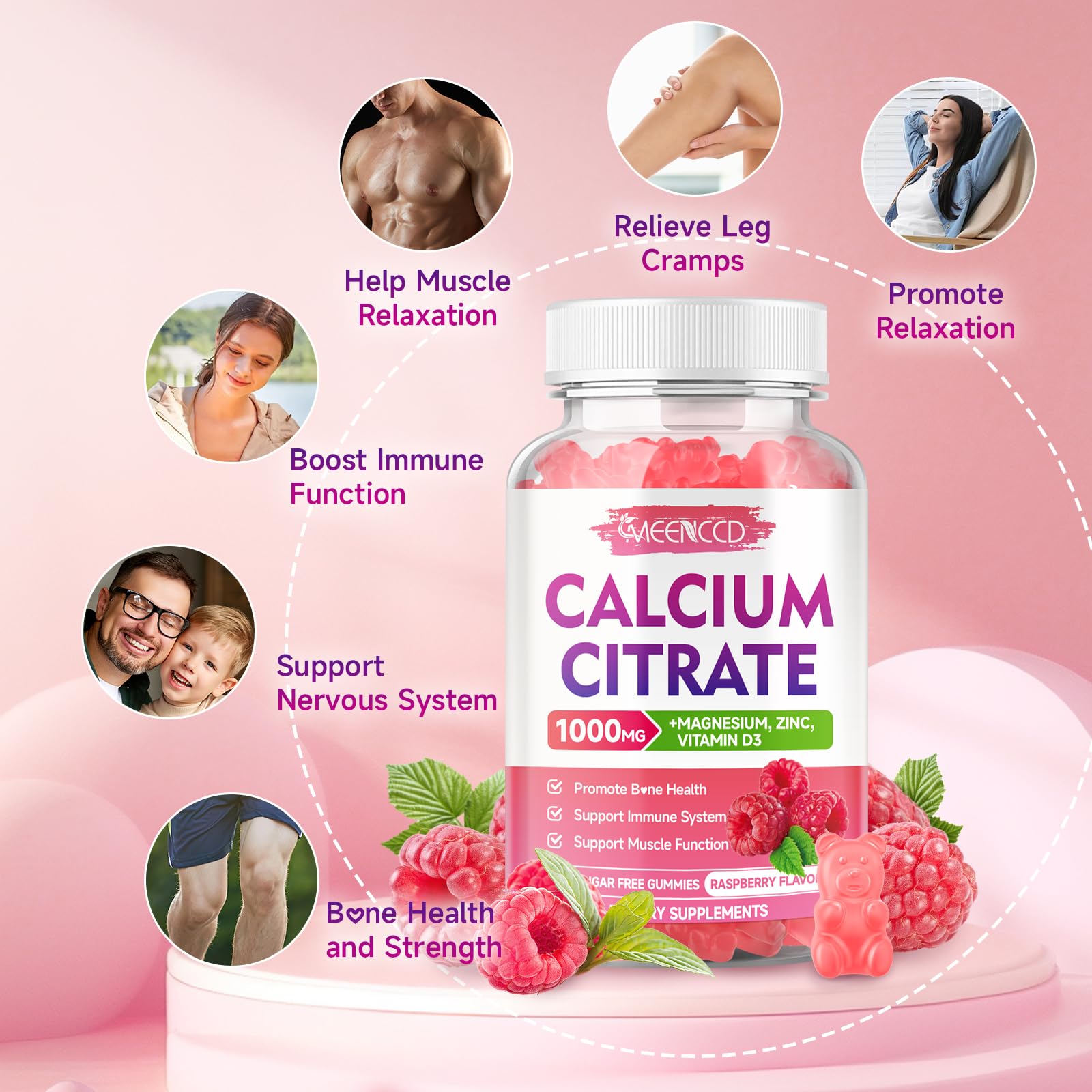 MEENCCD Calcium Citrate Gummies Raspberry nutrition label image highlights vegan, gluten-free ingredients.