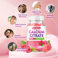 MEENCCD Calcium Citrate Gummies Raspberry nutrition label image highlights vegan, gluten-free ingredients.