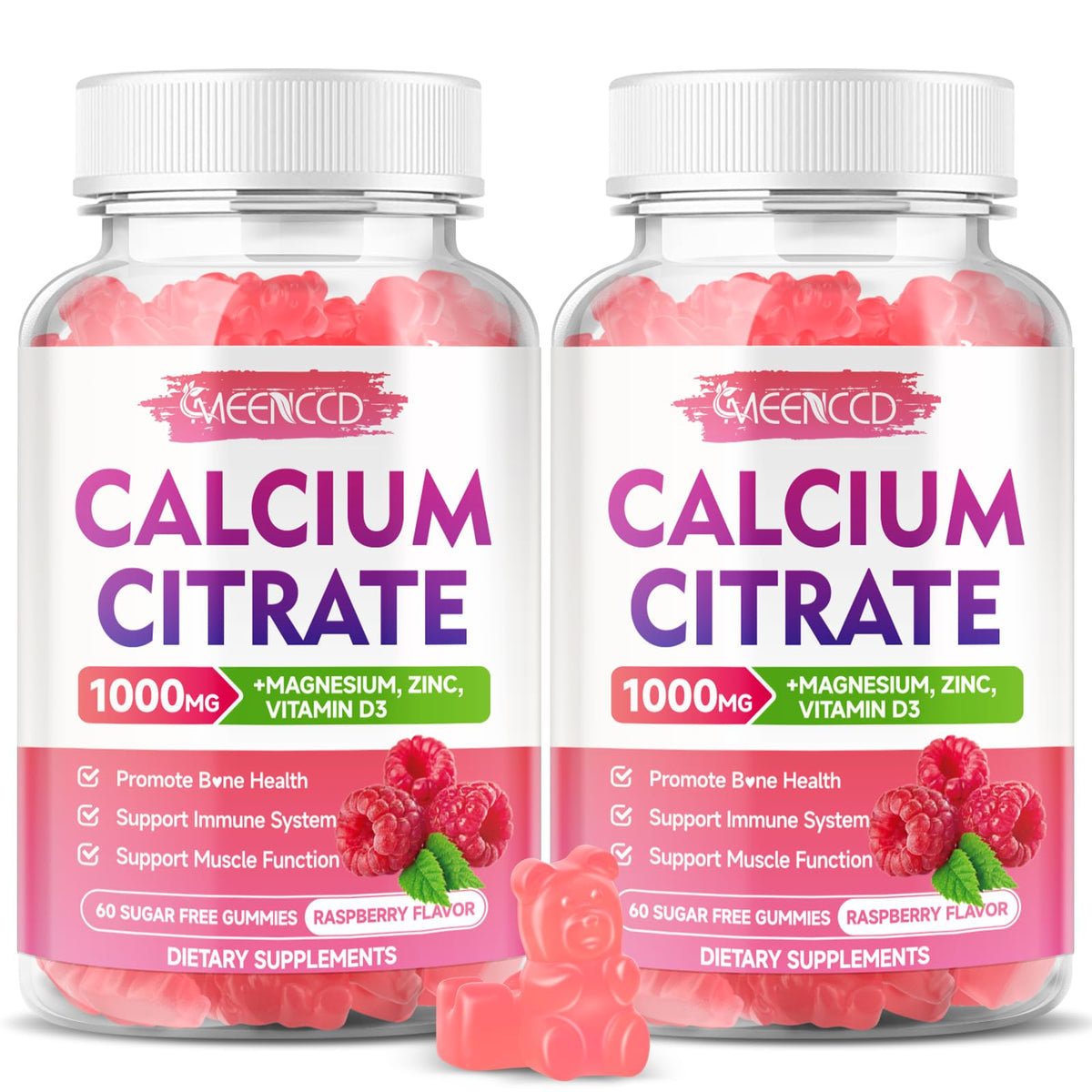 MEENCCD Calcium Citrate Gummies Raspberry bottle shown for easy daily supplement routine.