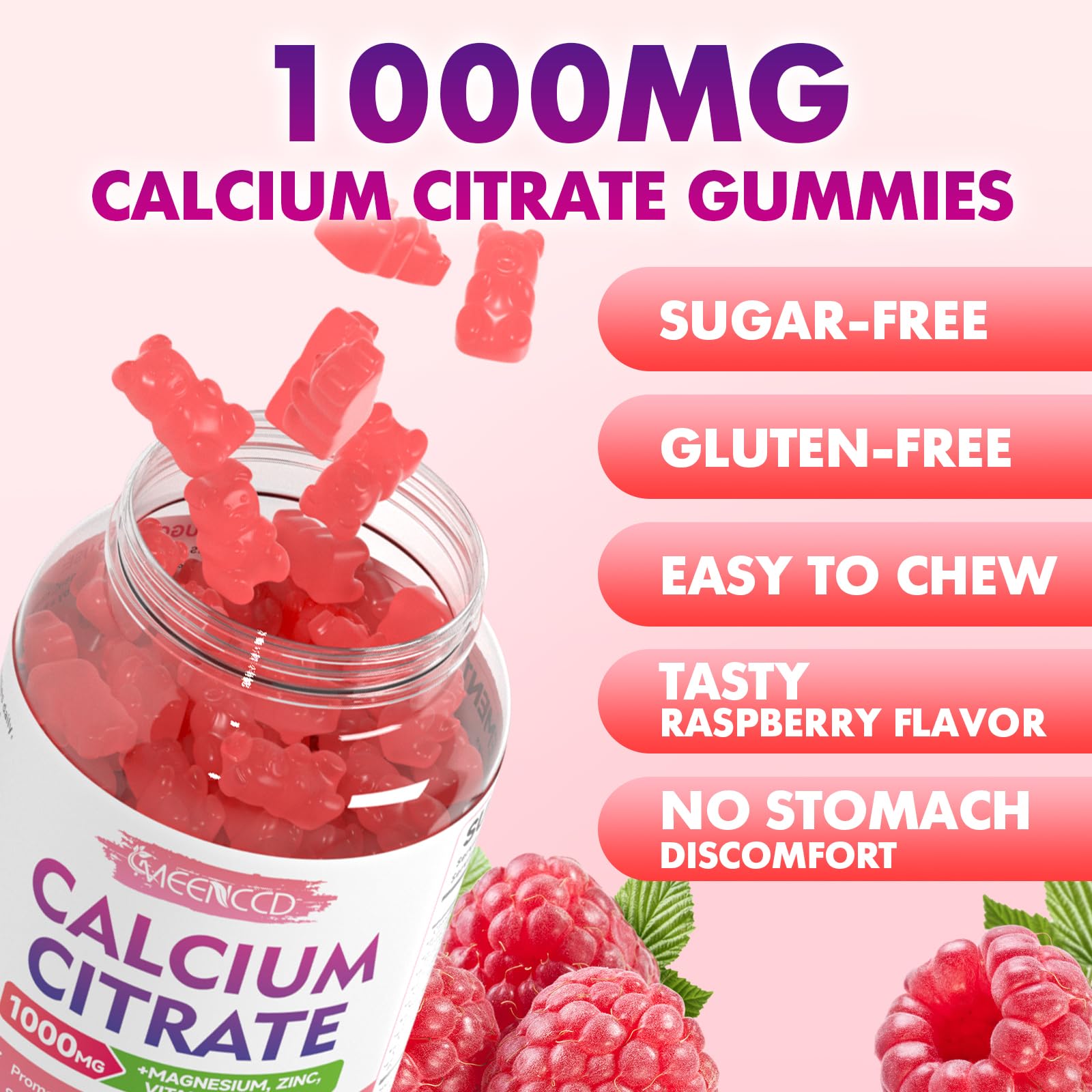 MEENCCD Calcium Citrate Gummies Raspberry vegan label supports clean, plant-based supplement choices.