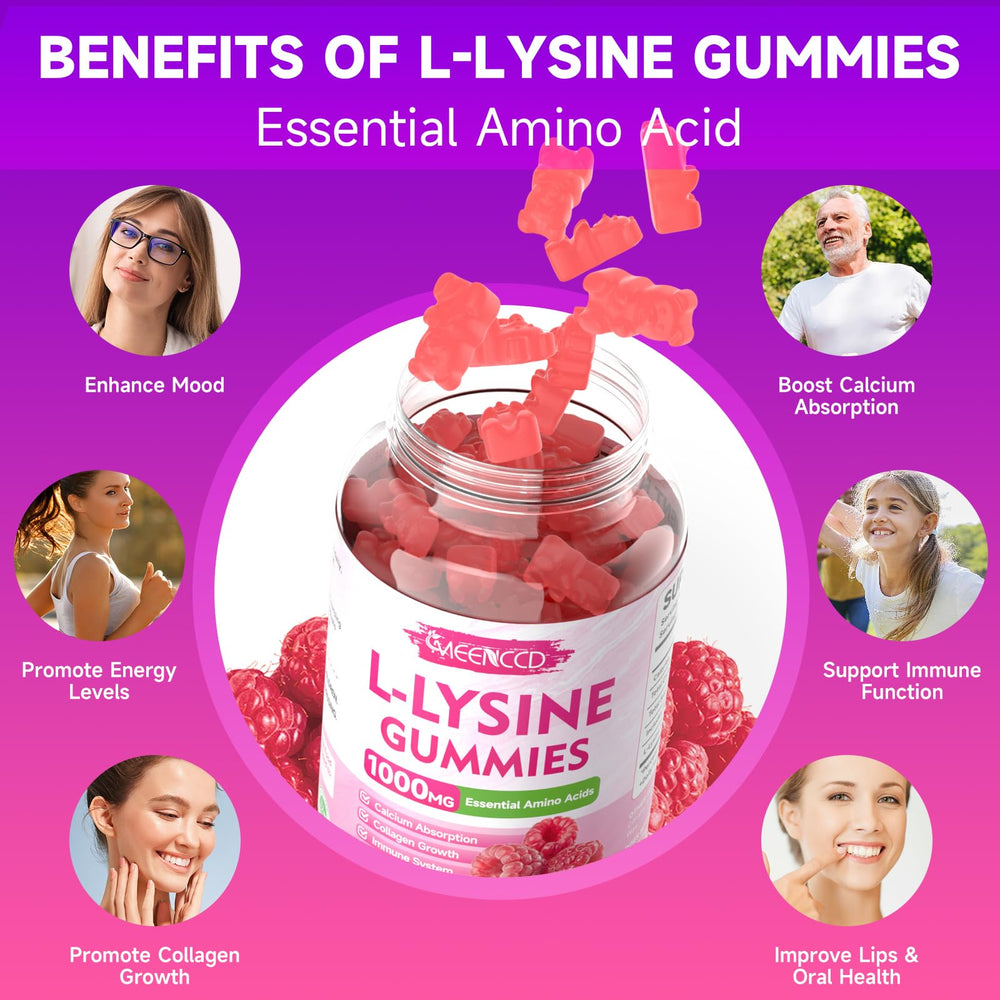 Two-pack MEENCCD L-Lysine gummies in convenient sealable packaging.