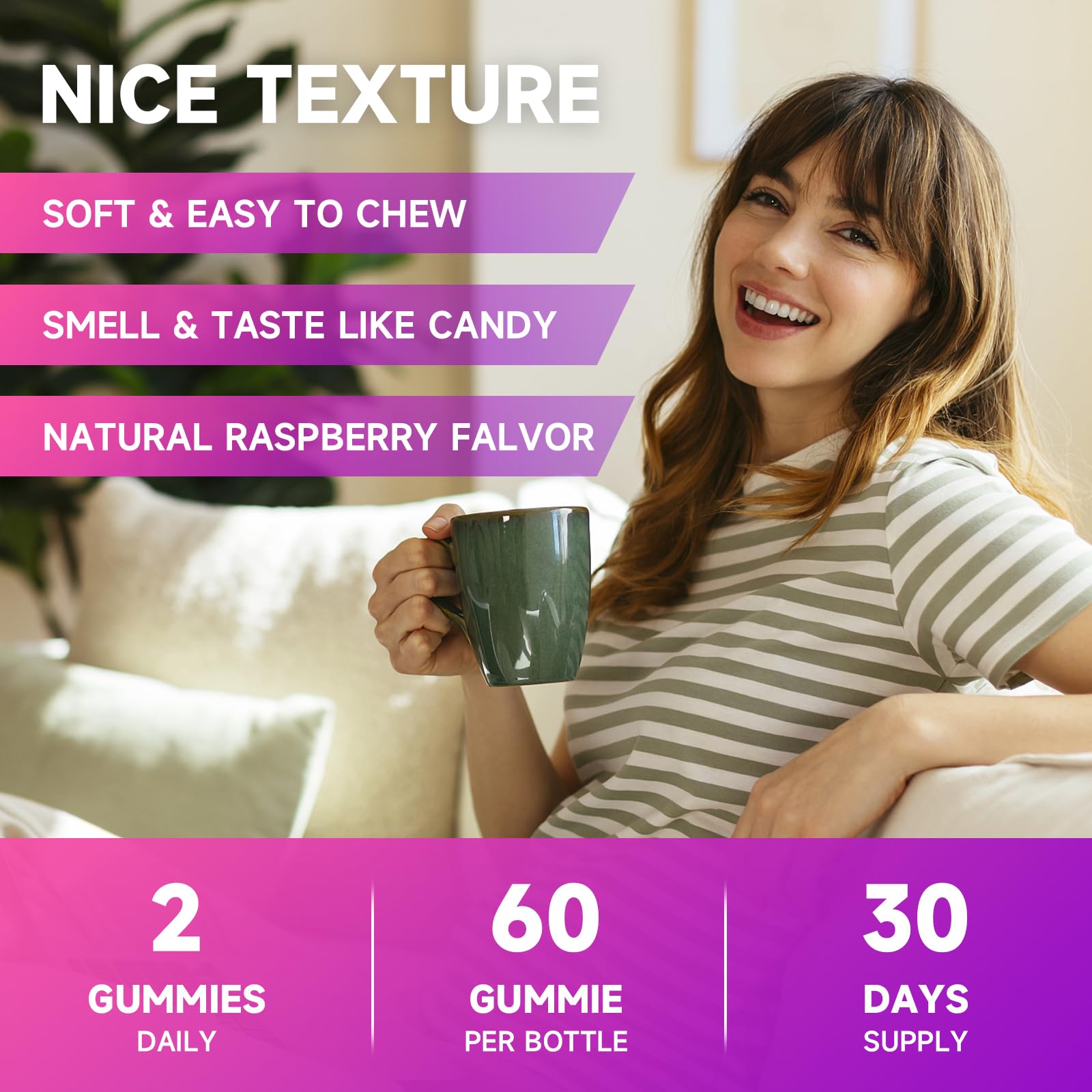 Sugar-free MEENCCD L-Lysine gummies in raspberry flavor for mindful snacking.