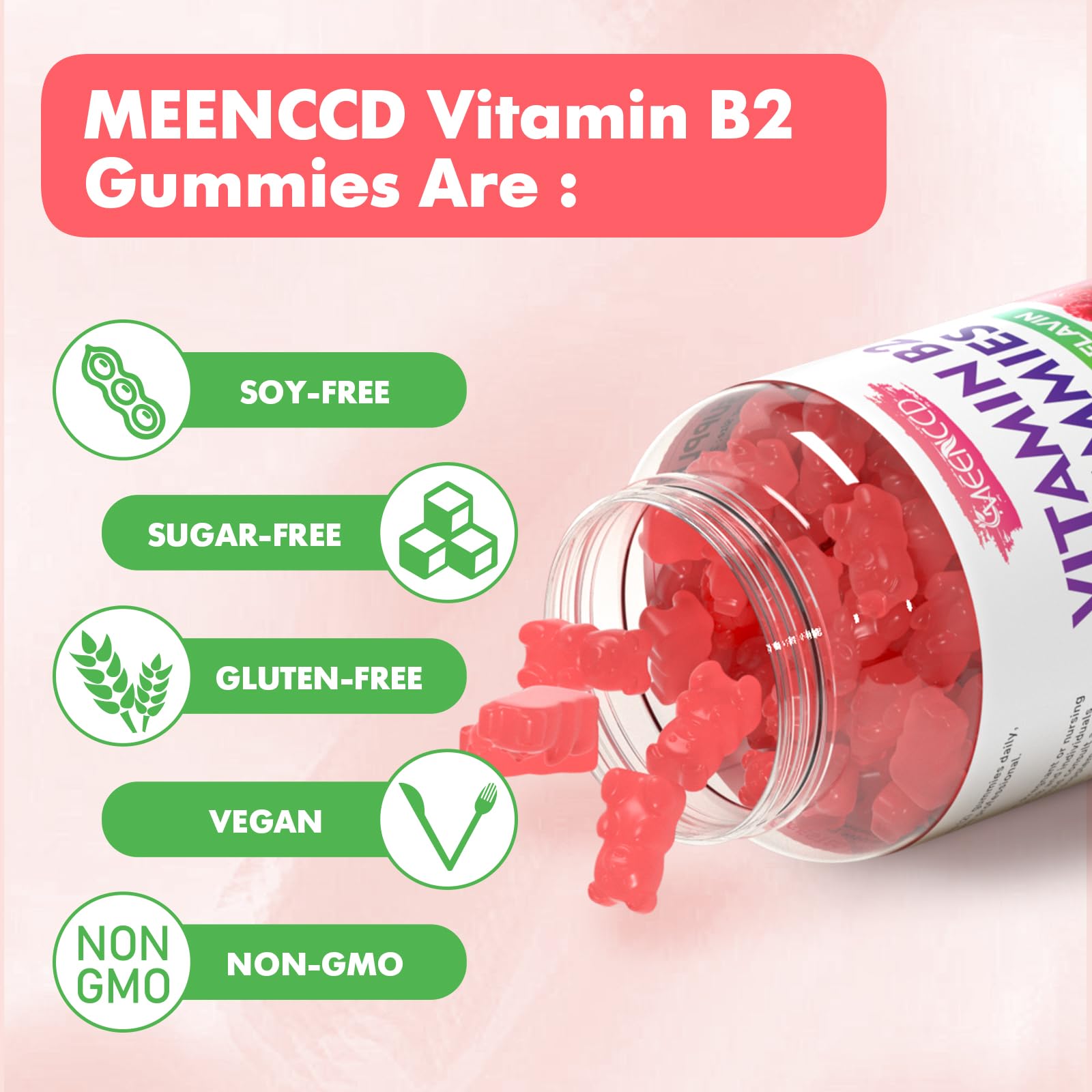 MEENCCD riboflavin gummies vegan non-GMO label clearly visible.
