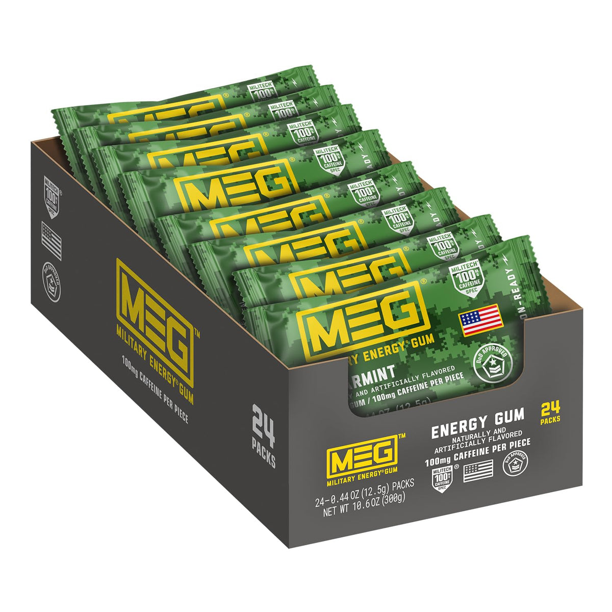 MEG Military Energy Gum spearmint pack with 24 pieces and 100 mg caffeine per piece