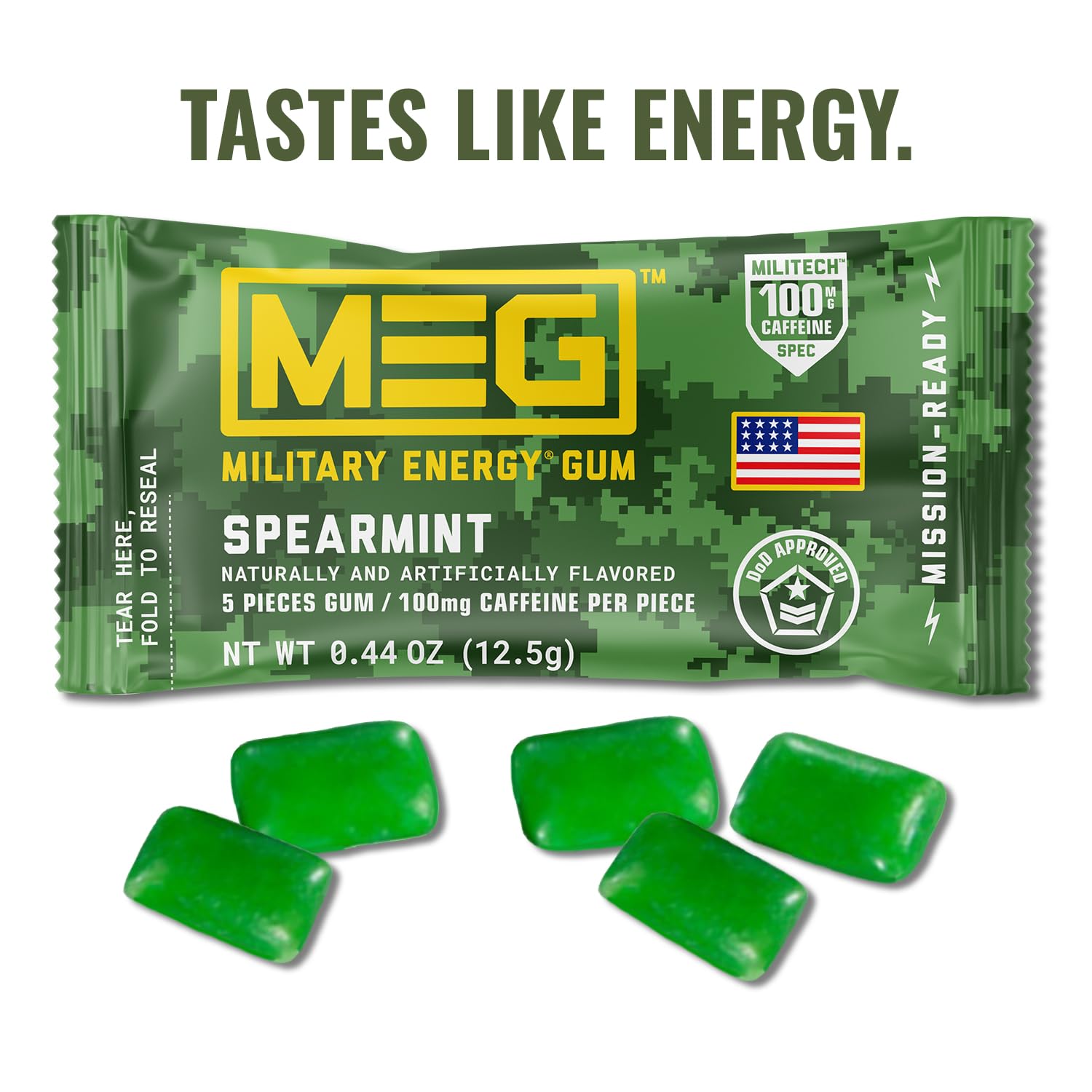 MEG Military Energy Gum spearmint piece close-up highlighting fast absorption