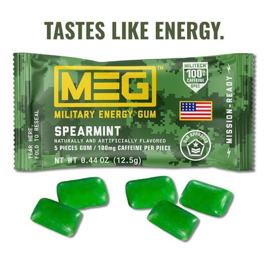 MEG Military Energy Gum spearmint piece close-up highlighting fast absorption
