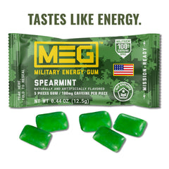 MEG Military Energy Gum spearmint piece close-up highlighting fast absorption