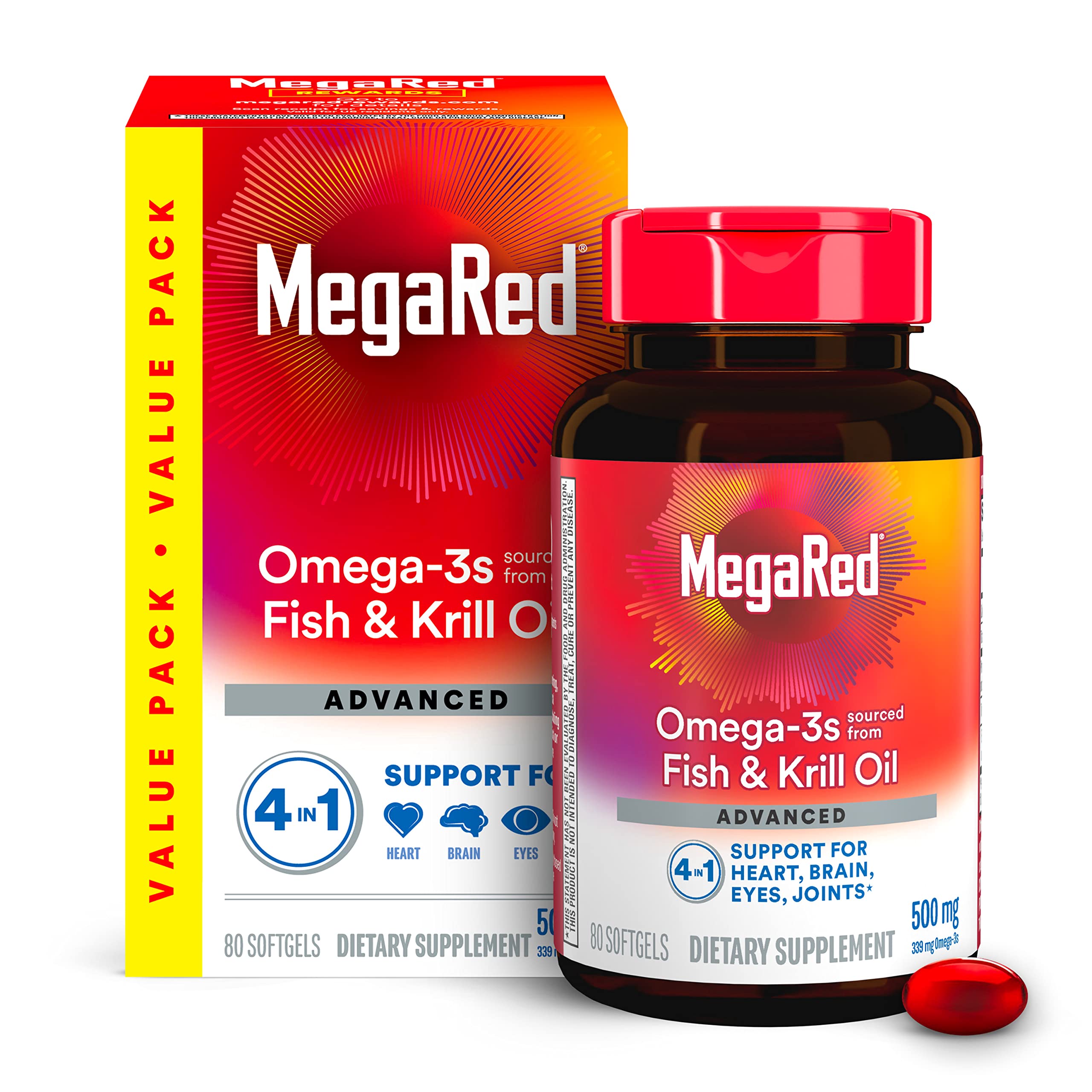 MegaRed omega-3 krill oil softgels bottle for daily heart and brain support
