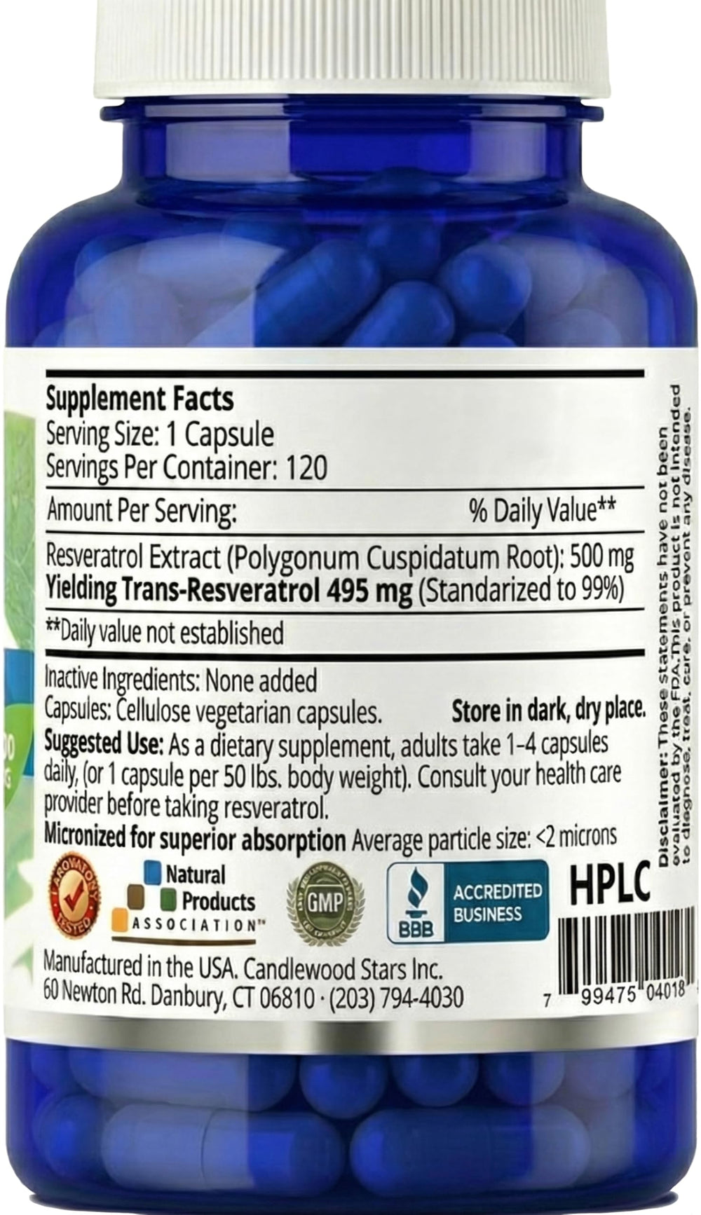Mega Resveratrol bottle label close-up highlighting purity.