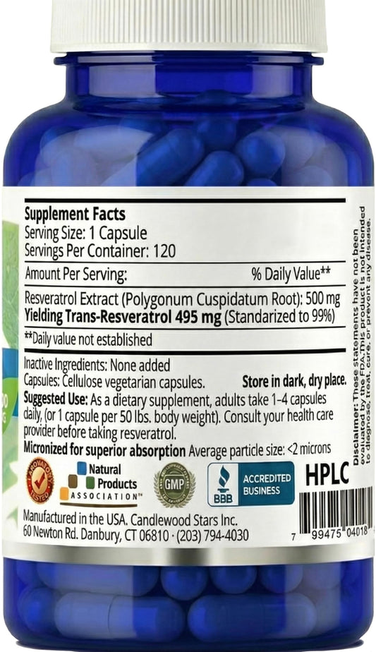 Mega Resveratrol bottle label close-up highlighting purity.