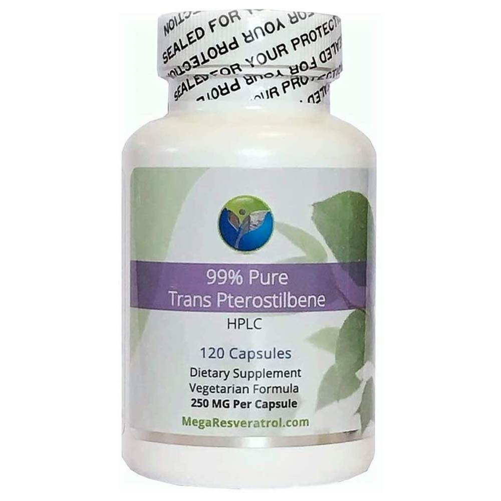 Mega Pterostilbene bottle front with 120 vegetarian capsules for daily use.