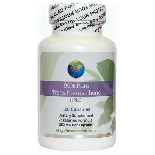 Mega Pterostilbene bottle front with 120 vegetarian capsules for daily use.