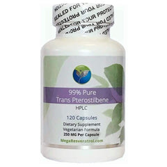 Mega Pterostilbene bottle front with 120 vegetarian capsules for daily use.