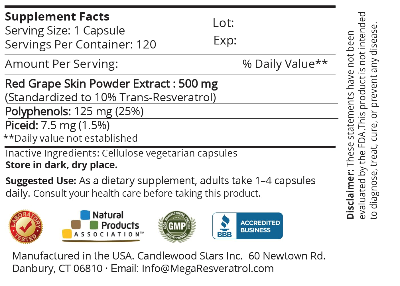 Mega Resveratrol polyphenols graph illustrates 25% polyphenols and 1.5% piceid.
