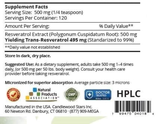 Mega Resveratrol powder closeup highlighting fine micronized texture for easy mixing
