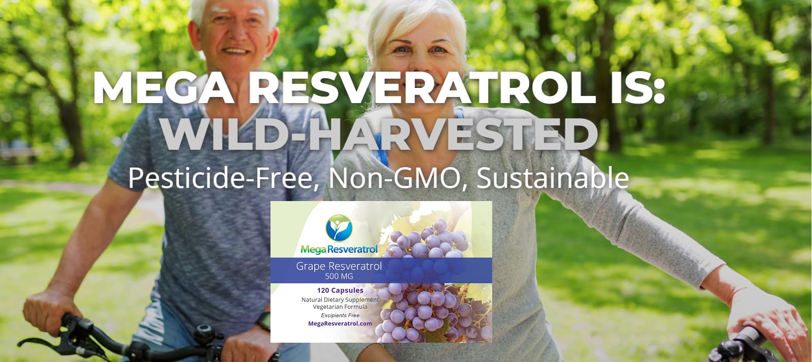 Mega Resveratrol purity label confirms gluten-free, non-GMO, toxin-free composition.