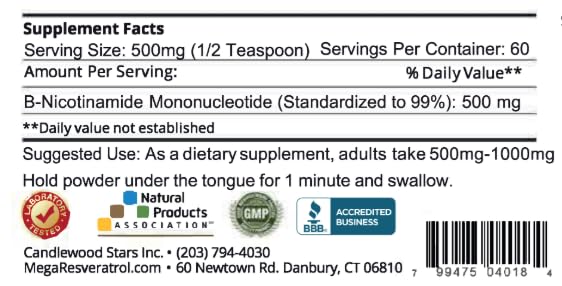 Mega Resveratrol NMN powder bottle with clean label and stability emphasis