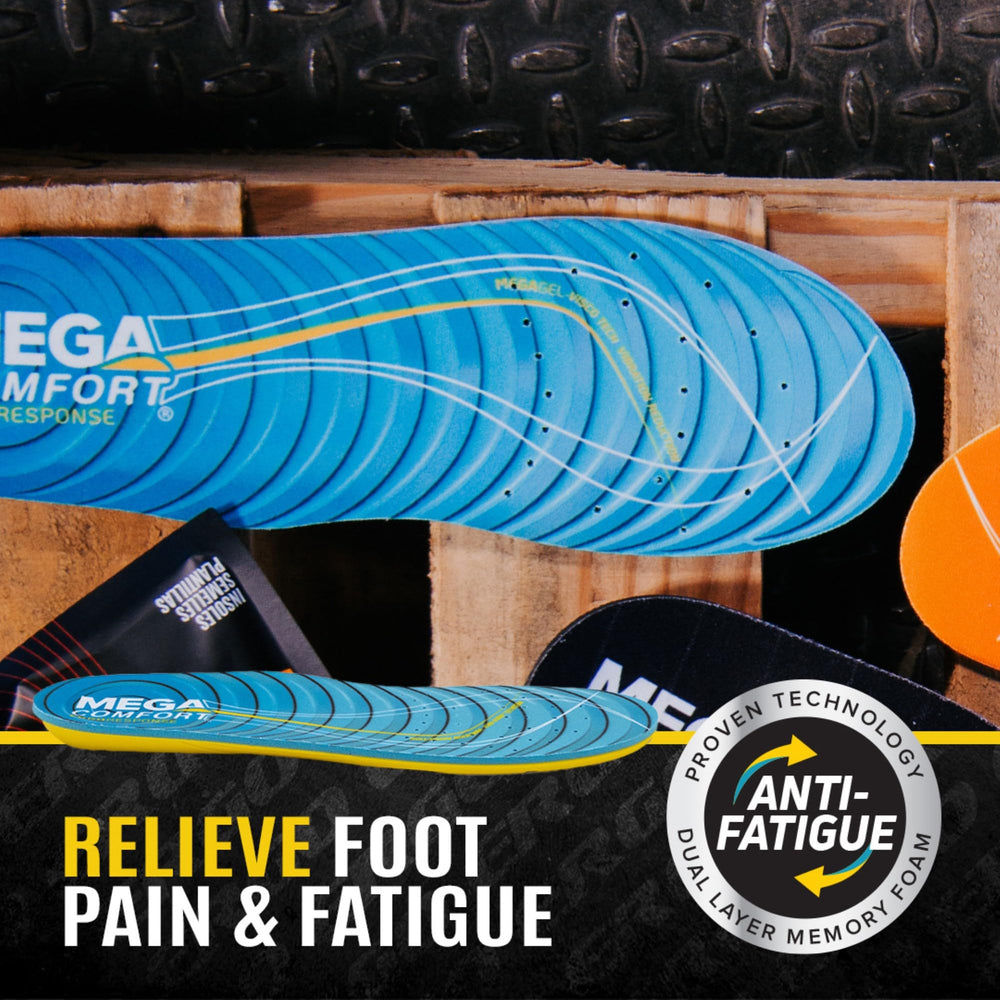 Memory foam dual-layer cushioning in MEGAComfort insole softens steps.
