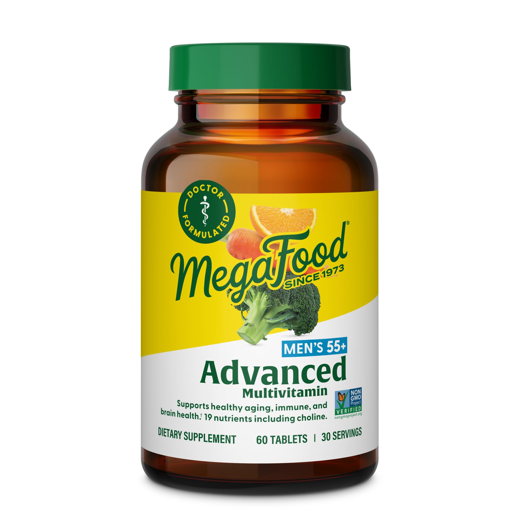 MegaFood Advanced Multivitamin for Men 55+ bottle cap view for easy dosing.