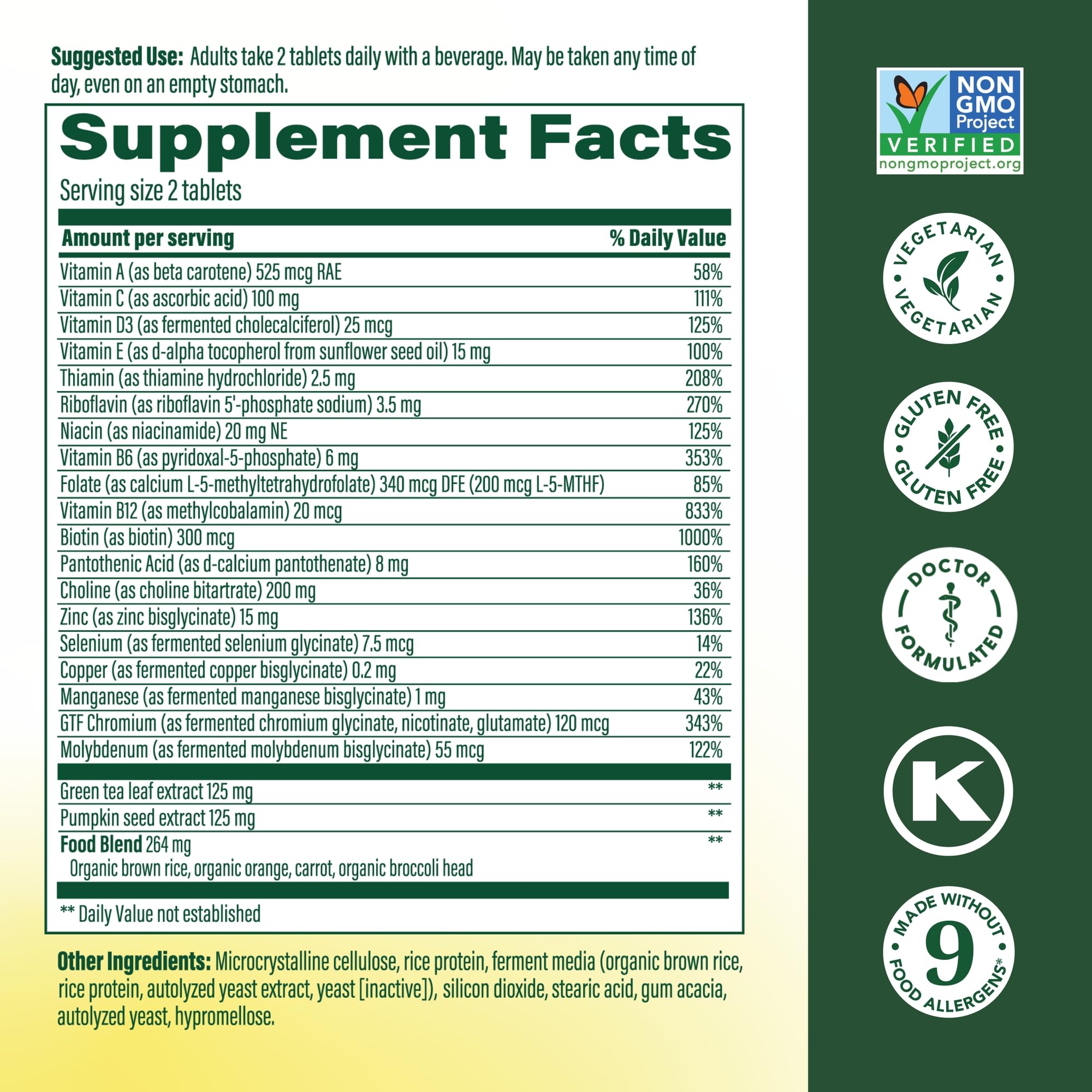 MegaFood Advanced Multivitamin for Men 55+ label closeup with methylfolate and B vitamins.