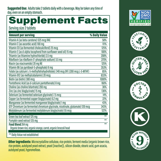 MegaFood Advanced Multivitamin for Men 55+ label closeup with methylfolate and B vitamins.