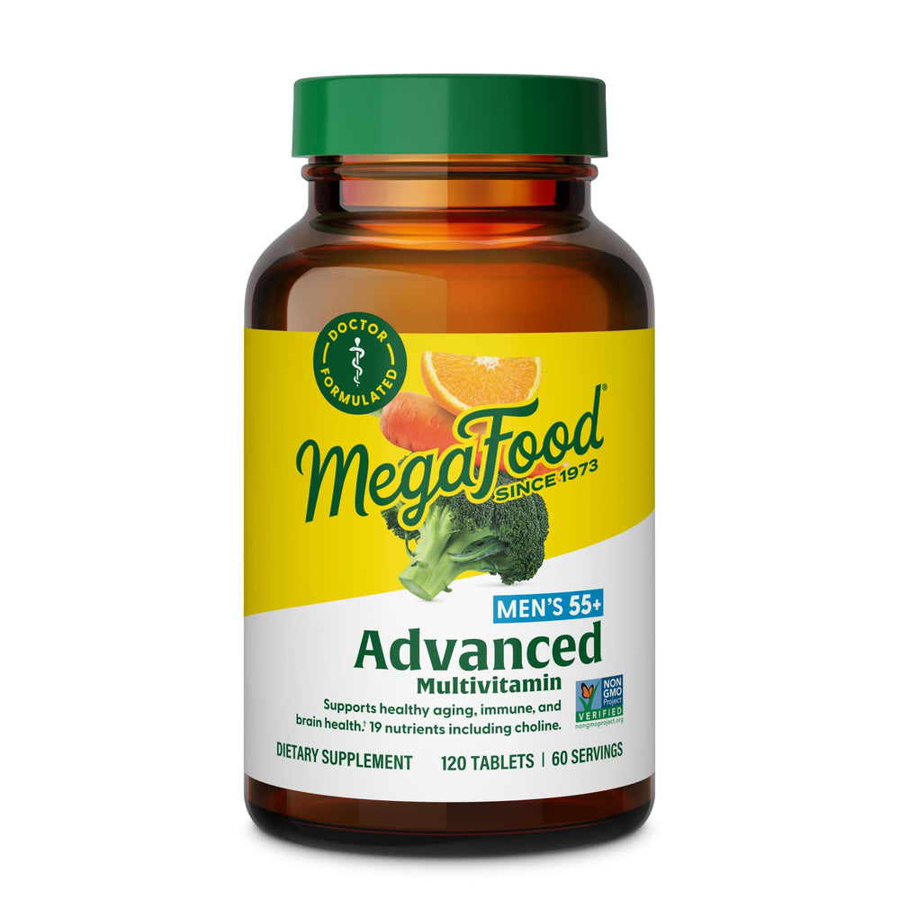 MegaFood Advanced Multivitamin for Men 55+ bottle front supports daily energy.