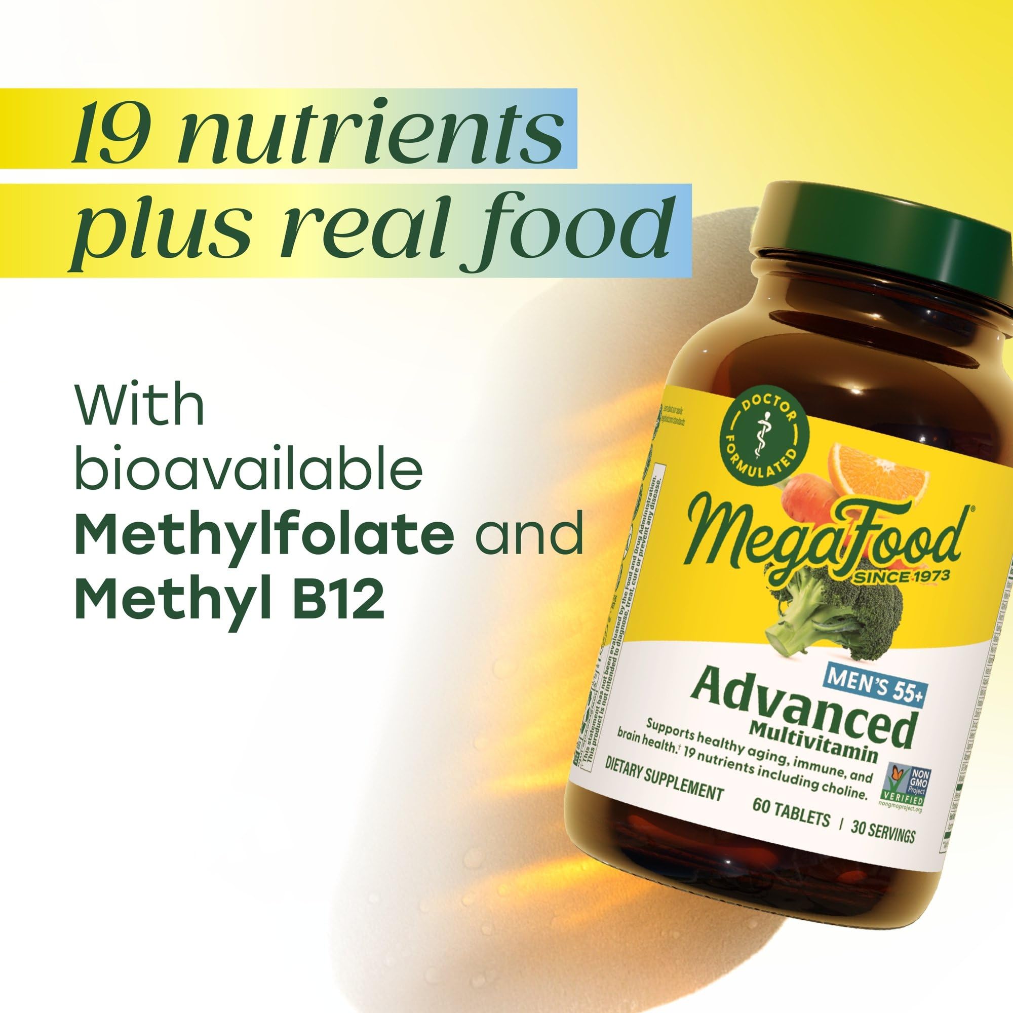 MegaFood Advanced Multivitamin for Men 55+ nutrition label shows iron-free design.