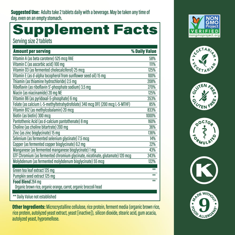 MegaFood Advanced Multivitamin for Men 55+ tablets close-up highlighting methylated B12 and folate.