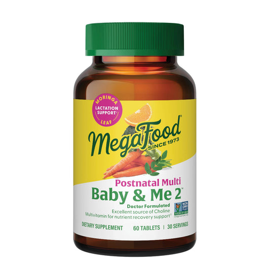 MegaFood Baby & Me 2 bottle closeup showing easy-to-swallow postnatal vitamins