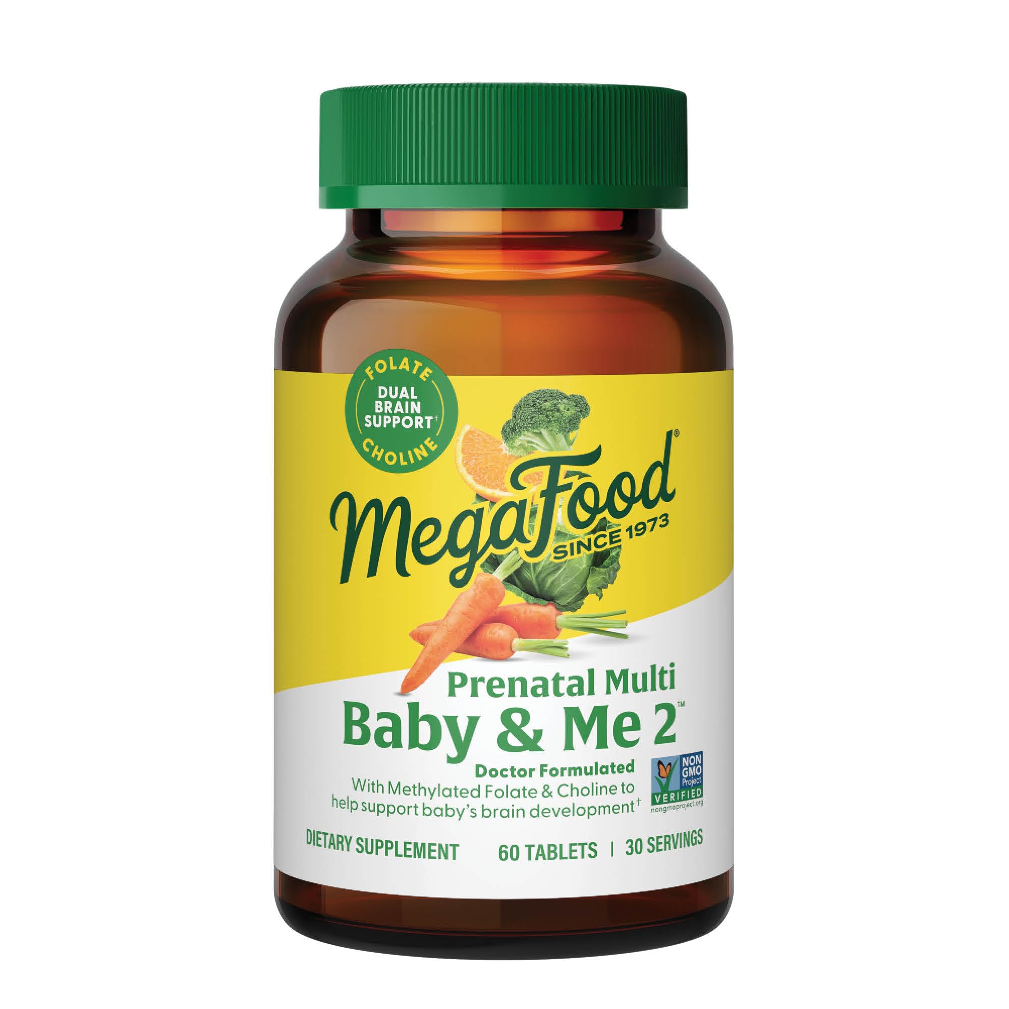 MegaFood Baby & Me 2 bottle front showing prenatal vitamins for daily use.