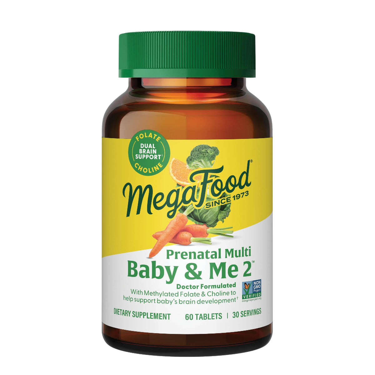 MegaFood Baby & Me 2 bottle front showing prenatal vitamins for daily use.