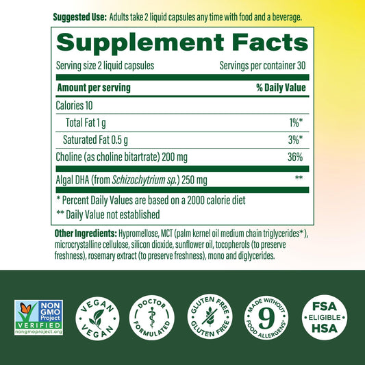 Liquid DHA bottle close-up highlighting algae-derived DHA for baby development.