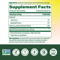 Liquid DHA bottle close-up highlighting algae-derived DHA for baby development.