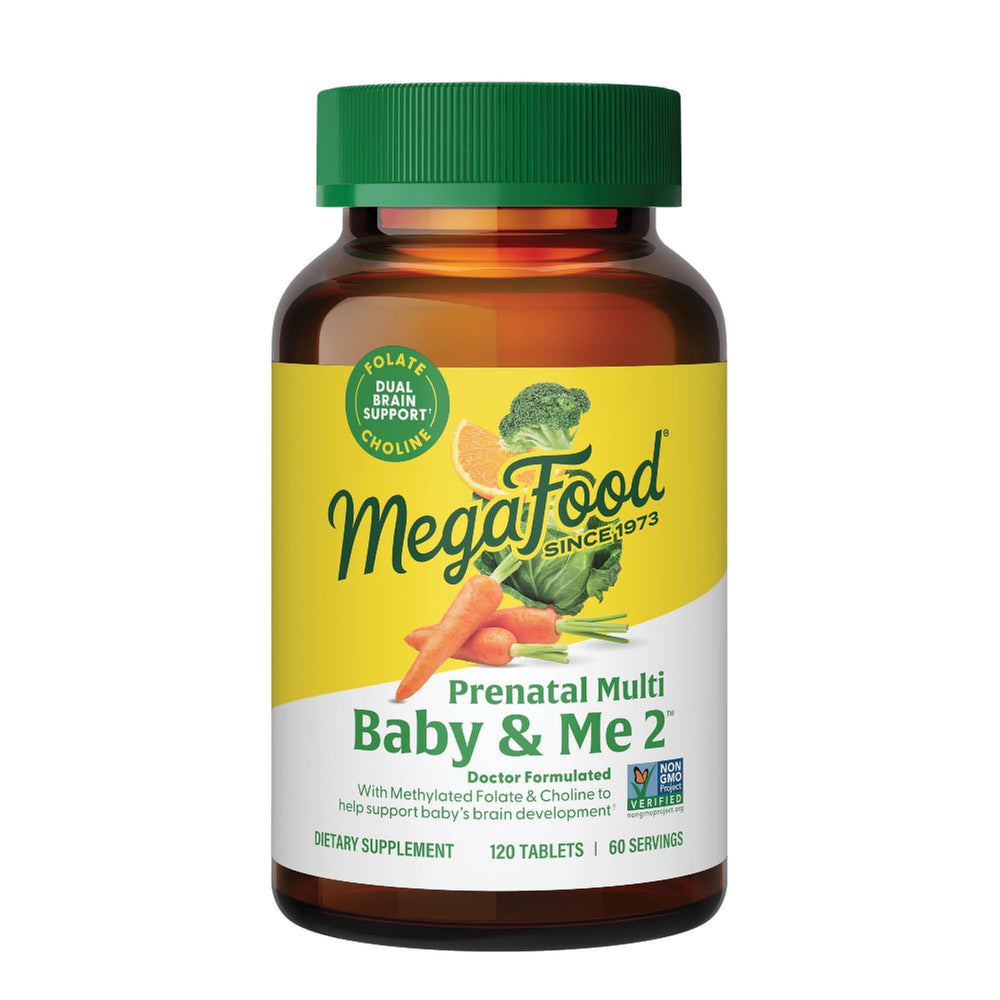 MegaFood Baby & Me 2 prenatal bottle with real-food multivitamin for mom and baby.