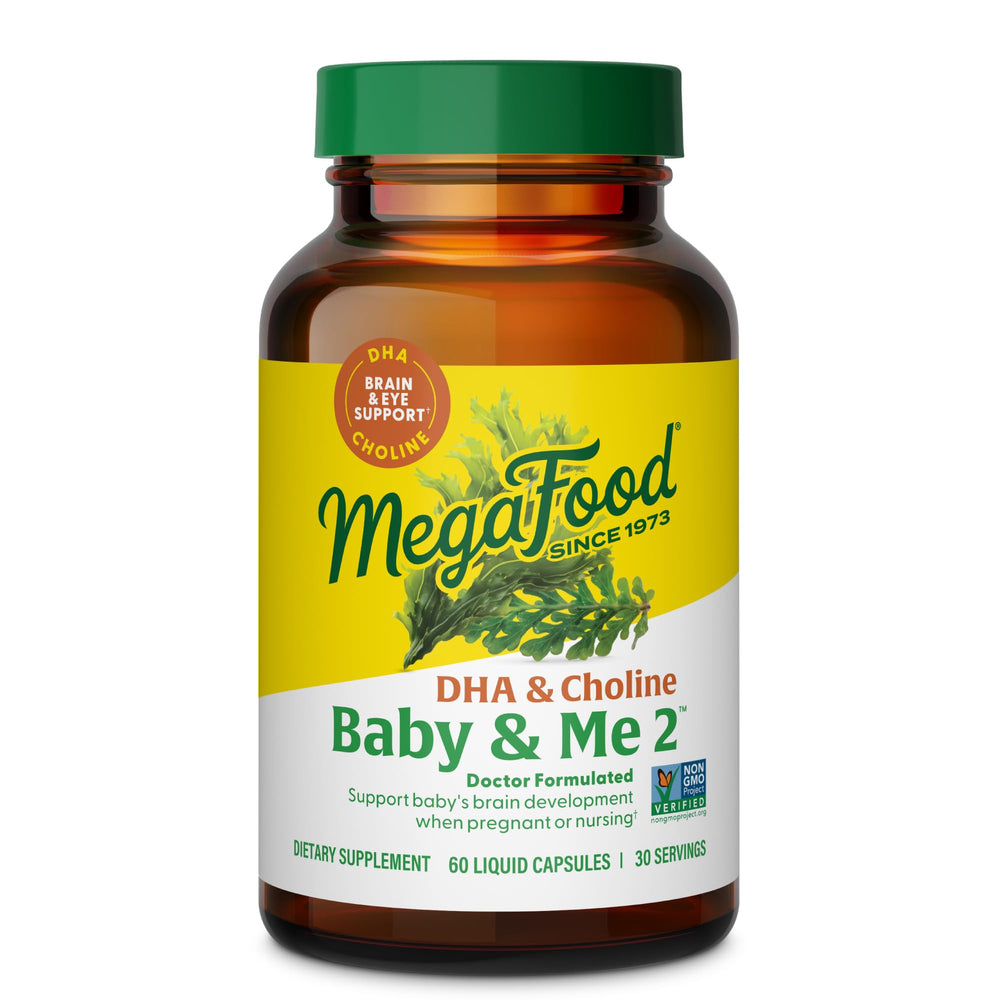 MegaFood Baby & Me 2 bottle front showing prenatal vitamins for brain and eye support.