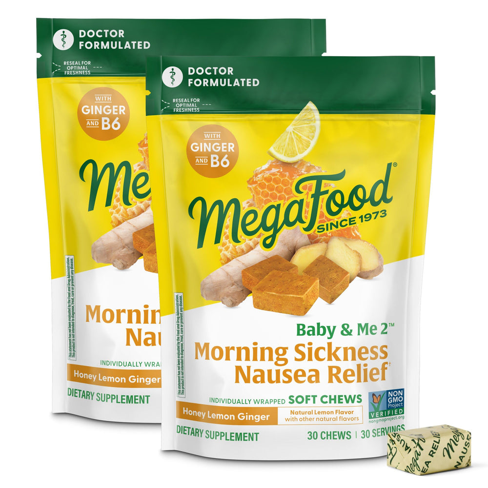 MegaFood Baby and Me Prenatal ginger chews in package for on-the-go relief