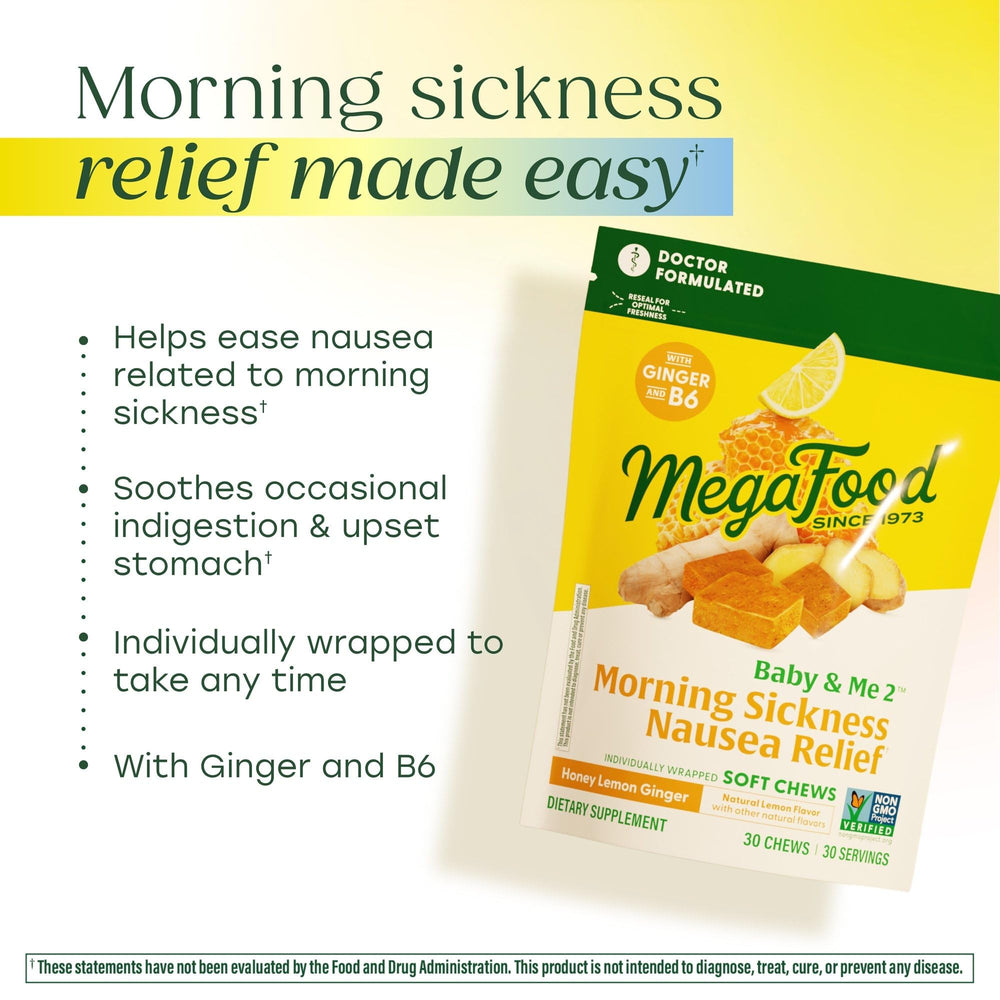 Two 30-chew packs of MegaFood Baby and Me prenatal chews on counter