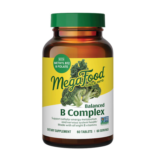 MegaFood Balanced B Complex bottle showing tablets for daily energy support.