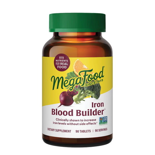 MegaFood Blood Builder bottle front, vegan iron support for daily energy.