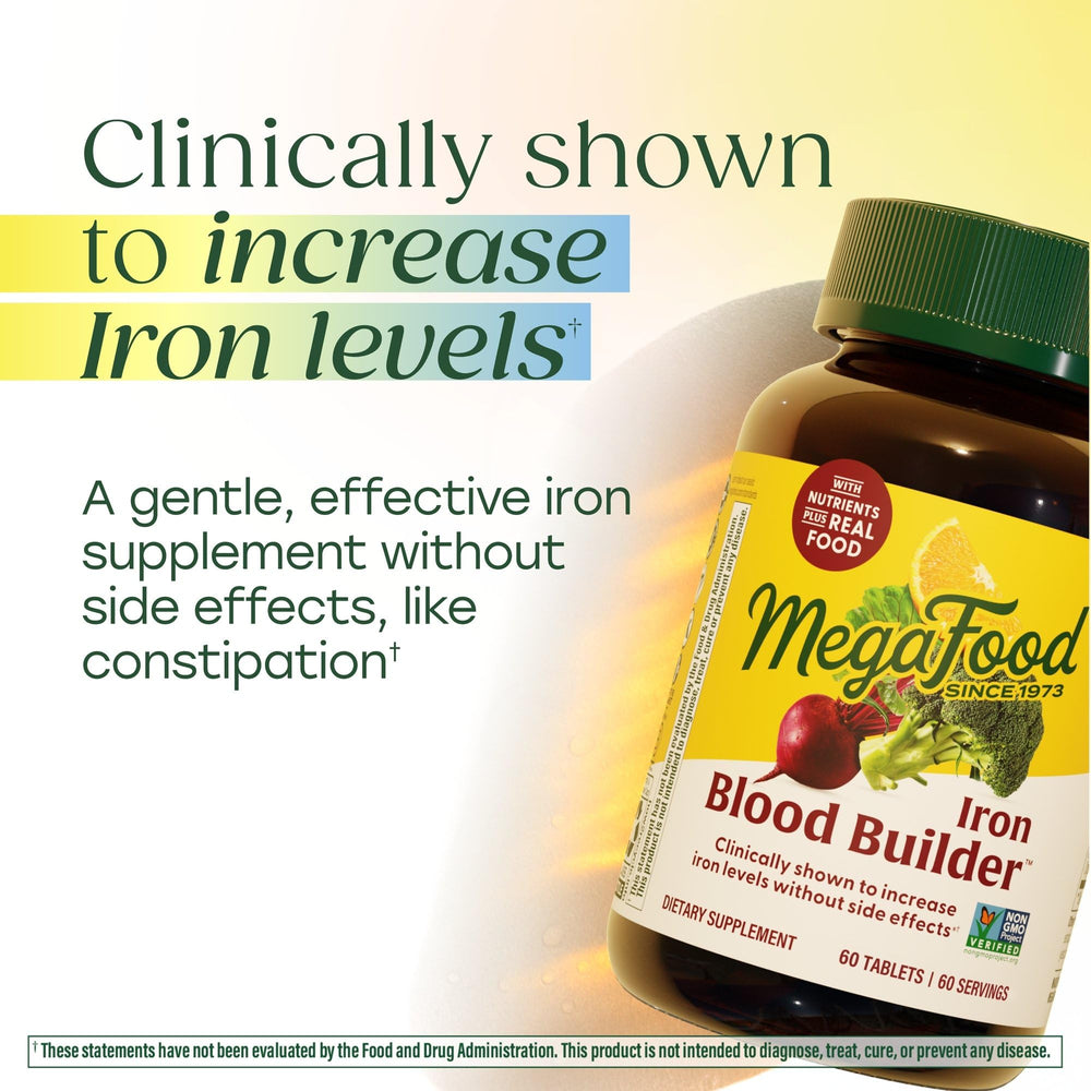 MegaFood Blood Builder label closeup featuring vitamin C and B12 details.