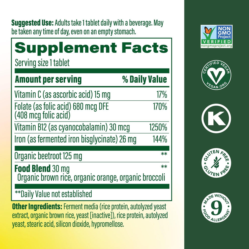 MegaFood Blood Builder tablets closeup showing 26 mg iron per serving.