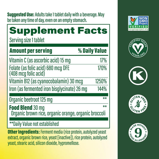MegaFood Blood Builder tablets closeup showing 26 mg iron per serving.