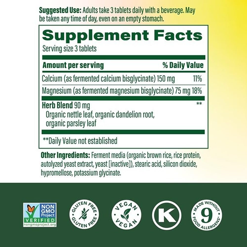 MegaFood Calcium Magnesium tablets closeup emphasizes chelated magnesium glycinate