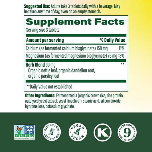 MegaFood Calcium Magnesium tablets closeup emphasizes chelated magnesium glycinate