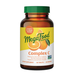 MegaFood Complex C bottle label shows real-food vitamin C blend for immune support.
