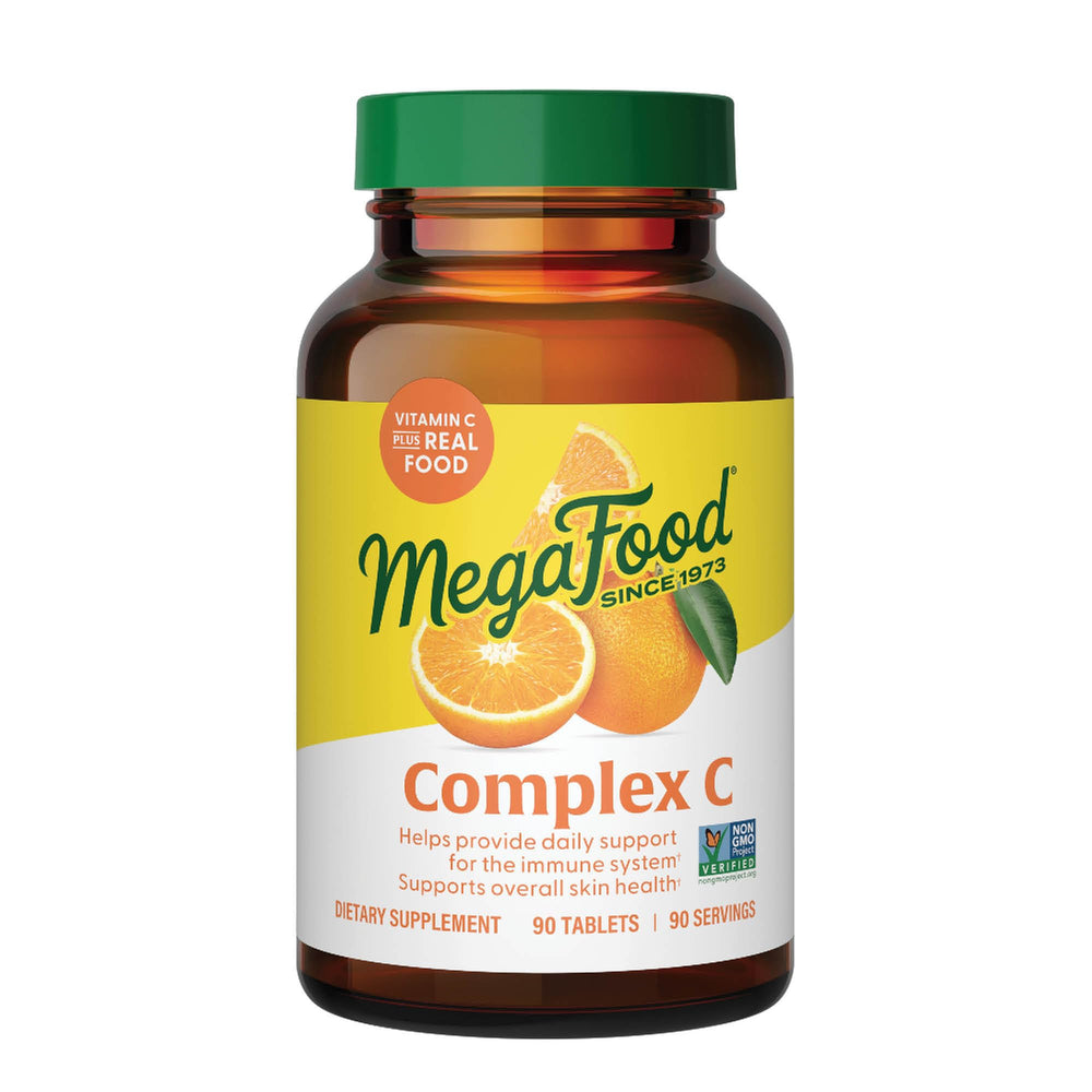 MegaFood Complex C bottle shown for daily immune support with real food ingredients.